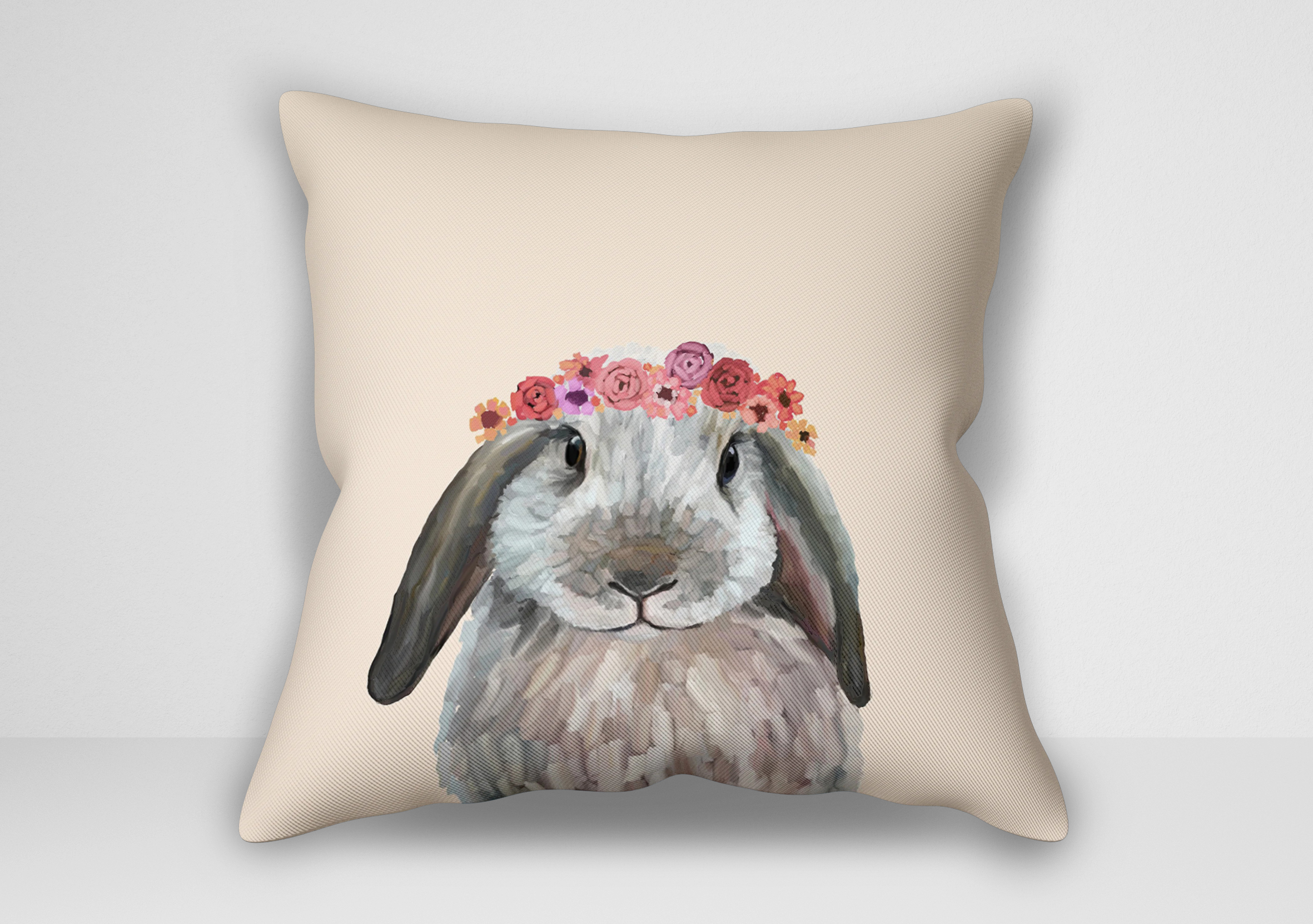 کوسن نقاشی خرگوش سفید با تاج گل اثر کتی والترز