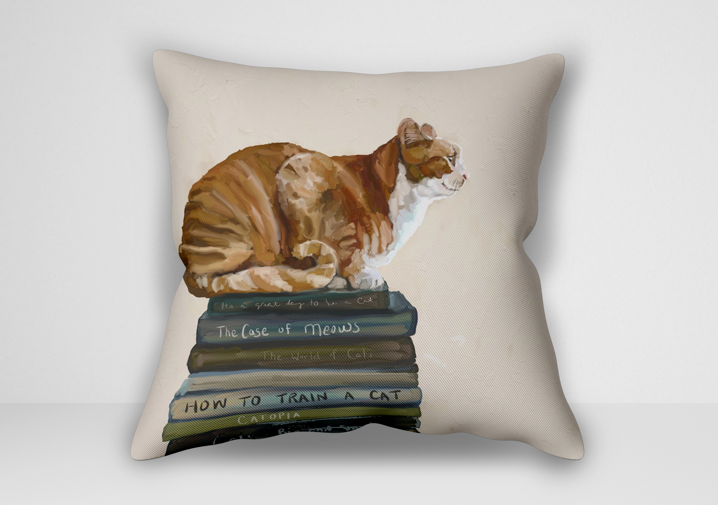 کوسن نقاشی گربه روی کتابها اثر کتی والترز