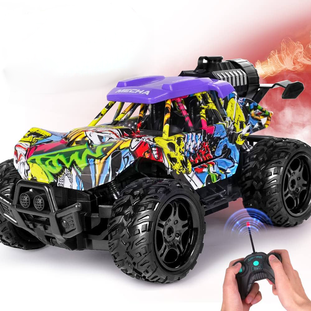 تصویر ماشین کنترلی دودزا طرح گرافیتی مدل RC7 با اسپری دود و چرخهای آفرودی